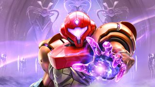 A crop of the Metroid Prime 4: Beyond key art showing Samus Aran - in her sci-fi style red and yellow power suit armor - on a purple background reaching out her hand to use purple psychic powers while statues of aliens loom in the background